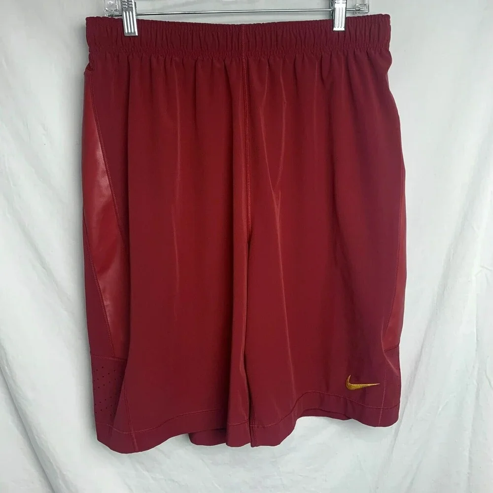 Nike Mens Basketball Shorts Burgundy Red Gold Swoosh 11 Inseam Athletic Gym L